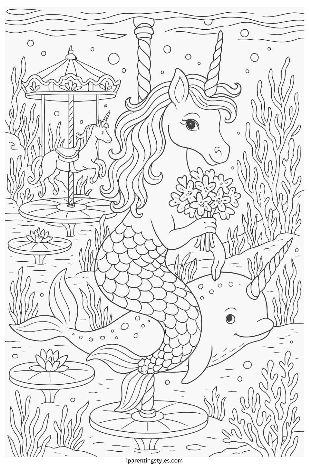 Enchanted Realms: Unicorn Mermaid Coloring Sheet Collection "Sheet 5"
